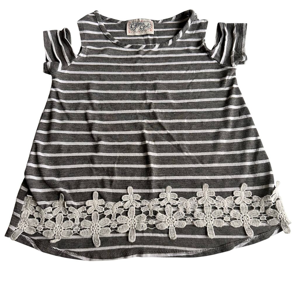 Glitter Girl Grey Striped Cold Shoulder Top - Size 7/8